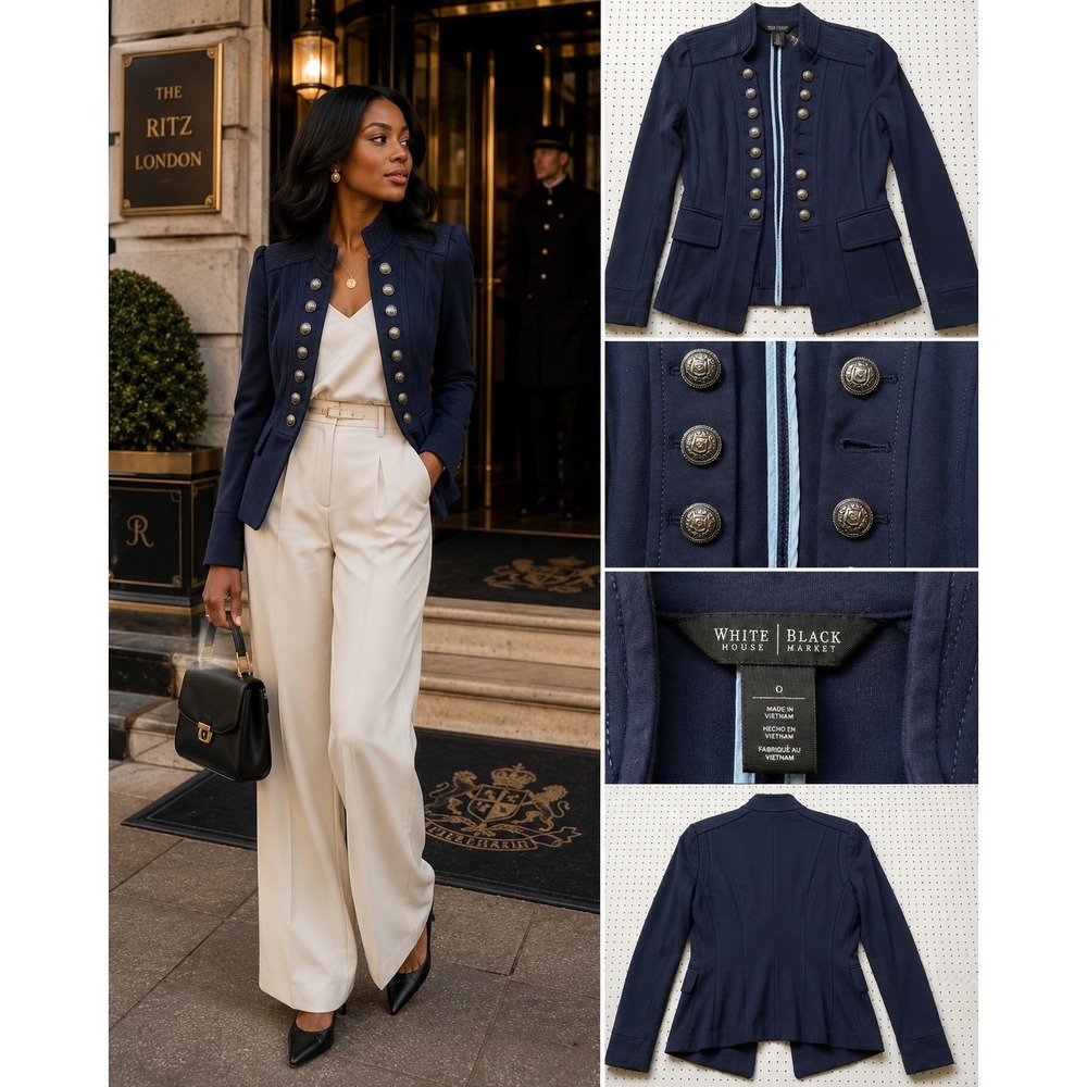 White House Black Market Navy Blue Military Trophy Jacket Blazer Size 0